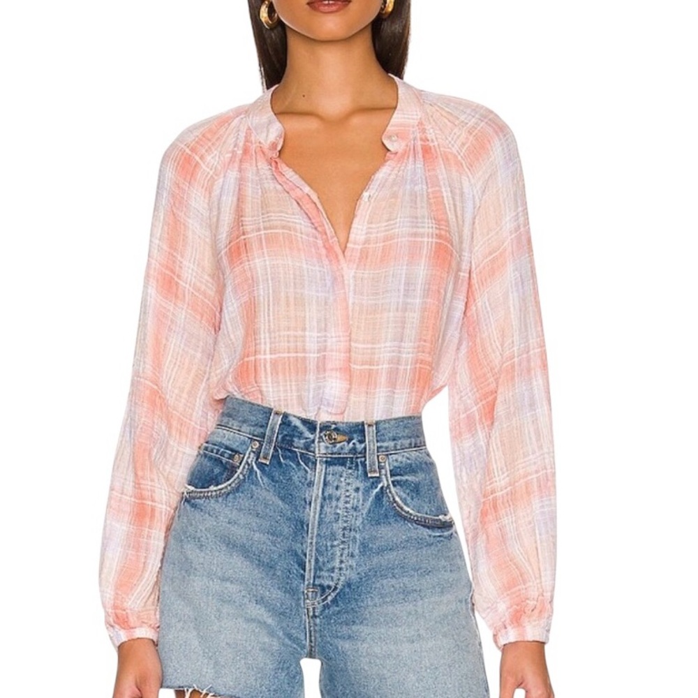 Cloth & Stone Anthropologie plaid gauzy long sleeve top Sz M excellent condition